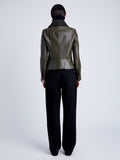 Proenza Schouler Back full length image of model wearing Vaughn Jacket in Lightweight Leather in DARK FERN