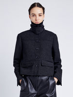 Proenza Schouler Front cropped image of model wearing Rosie Jacket in Soft Twill Coating in BLACK/GREY