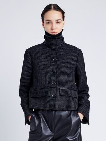 Proenza Schouler Front cropped image of model wearing Rosie Jacket in Soft Twill Coating in BLACK/GREY