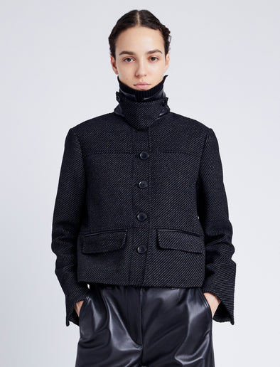 Proenza Schouler Front cropped image of model wearing Rosie Jacket in Soft Twill Coating in BLACK/GREY