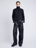 Proenza Schouler Front full length image of model wearing Rosie Jacket in Soft Twill Coating in BLACK/GREY