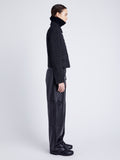 Proenza Schouler Side full length image of model wearing Rosie Jacket in Soft Twill Coating in BLACK/GREY