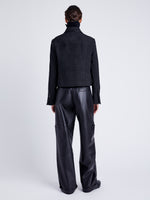 Proenza Schouler Back full length image of model wearing Rosie Jacket in Soft Twill Coating in BLACK/GREY