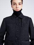 Proenza Schouler Detail image of model wearing Rosie Jacket in Soft Twill Coating in BLACK/GREY