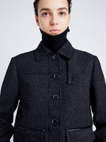 Proenza Schouler Detail image of model wearing Rosie Jacket in Soft Twill Coating in BLACK/GREY