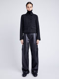 Proenza Schouler Front full length image of model wearing Rosie Jacket in Soft Twill Coating in BLACK/GREY with collars down