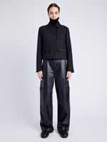 Proenza Schouler Front full length image of model wearing Rosie Jacket in Soft Twill Coating in BLACK/GREY with collars down