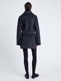 Proenza Schouler Back full length image of model wearing Poppy Jacket in Pinstripe Wool Cashmere in DARK GREY MELANGE