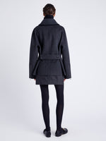 Proenza Schouler Back full length image of model wearing Poppy Jacket in Pinstripe Wool Cashmere in DARK GREY MELANGE