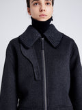 Proenza Schouler Detail image of model wearing Poppy Jacket in Pinstripe Wool Cashmere in DARK GREY MELANGE