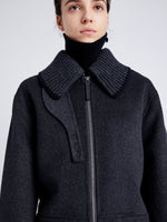 Proenza Schouler Detail image of model wearing Poppy Jacket in Pinstripe Wool Cashmere in DARK GREY MELANGE