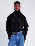 Proenza Schouler cropped front image of model wearing Poppy Jacket in Pinstripe Melton in black/navy