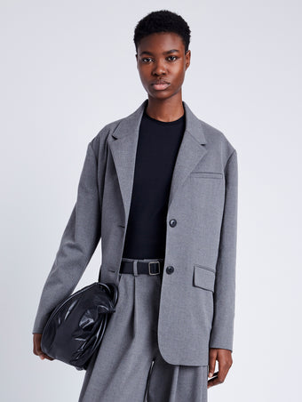 Proenza Schouler Front cropped image of model wearing Lincoln Jacket in Melange Flannel in GREY MELANGE