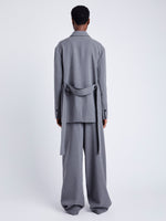 Proenza Schouler Back full length image of model wearing Lincoln Jacket in Melange Flannel in GREY MELANGE