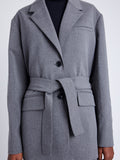 Proenza Schouler Detail image of model wearing Lincoln Jacket in Melange Flannel in GREY MELANGE