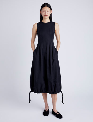 Proenza Schouler Front full length image of model wearing Marley Dress in Tech Cotton in BLACK