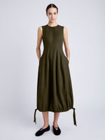 Proenza Schouler Front full length image of model wearing Marley Dress in Tech Cotton in DARK FERN