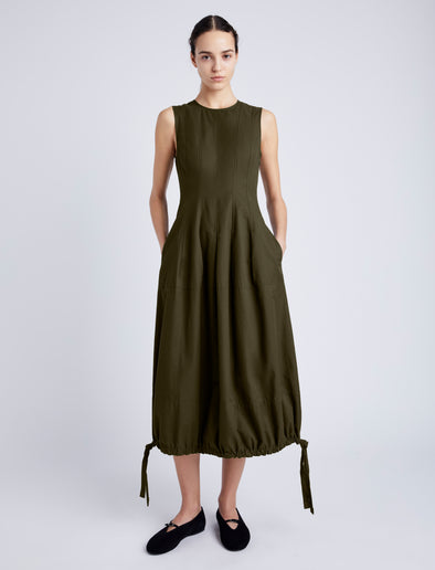 Proenza Schouler Front full length image of model wearing Marley Dress in Tech Cotton in DARK FERN