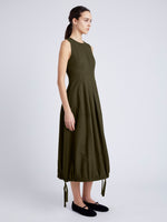 Proenza Schouler Side full length image of model wearing Marley Dress in Tech Cotton in DARK FERN