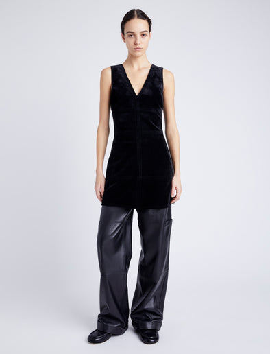 Proenza Schouler Front full length image of model wearing Knox Dress in Chenille Suiting in BLACK