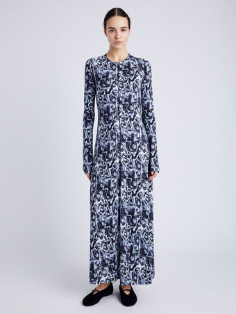 Proenza Schouler Front full length image of model wearing Atlas Dress in Printed Jersey in NORDIC MULTI