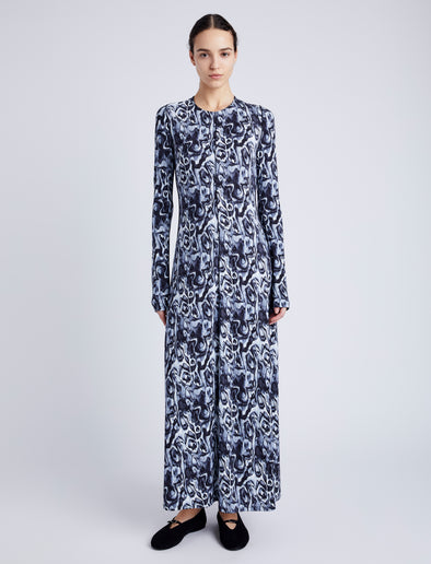 Proenza Schouler Front full length image of model wearing Atlas Dress in Printed Jersey in NORDIC MULTI