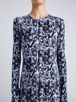 Proenza Schouler Detail image of model wearing Atlas Dress in Printed Jersey in NORDIC MULTI