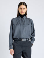 Proenza Schouler Front cropped image of model wearing Rose Shirt in Fine Wool in DARK GREY MELANGE