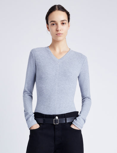 Proenza Schouler Front cropped image of model wearing Delaney Bodysuit in Brushed Rib in ICE