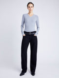 Proenza Schouler Front full length image of model wearing Delaney Bodysuit in Brushed Rib in ICE