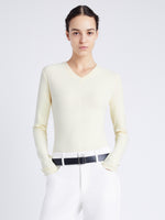 Proenza Schouler Front cropped image of model wearing Delaney Bodysuit in Brushed Rib in PALE YELLOW