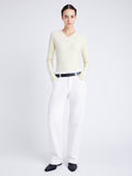 Proenza Schouler Front full length image of model wearing Delaney Bodysuit in Brushed Rib in PALE YELLOW