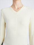 Proenza Schouler Detail image of model wearing Delaney Bodysuit in Brushed Rib in PALE YELLOW