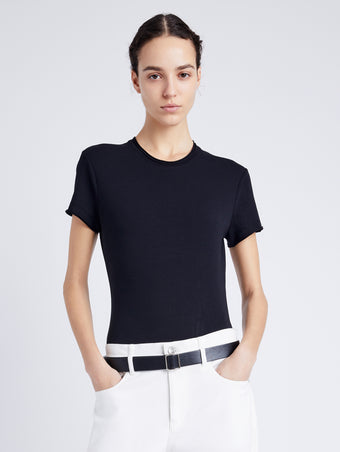 Proenza Schouler Front cropped image of model wearing Elara T-Shirt in Jersey in BLACK