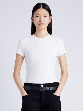 Proenza Schouler Front cropped image of model wearing Elara T-Shirt in Jersey in OFF WHITE