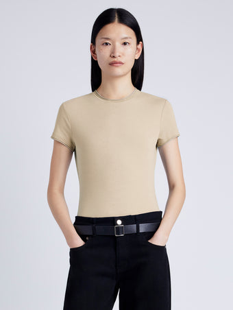 Proenza Schouler cropped front image of model wearing Elara T-Shirt in khaki