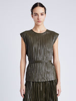 Proenza Schouler Front cropped image of model wearing Lyra Pleated Top in Lightweight Faux Leather in DARK FERN