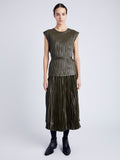 Proenza Schouler Front full length image of model wearing Lyra Pleated Top in Lightweight Faux Leather in DARK FERN