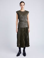 Proenza Schouler Front full length image of model wearing Lyra Pleated Top in Lightweight Faux Leather in DARK FERN