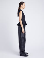 Proenza Schouler Side full length image of model wearing Felix Top in Tech Cotton in BLACK