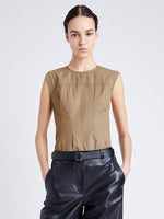 Proenza Schouler cropped front image of model wearing Felix Top in Tech Cotton in dark birch