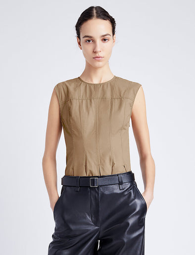 Proenza Schouler cropped front image of model wearing Felix Top in Tech Cotton in dark birch