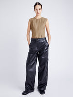 Proenza Schouler front image of model wearing Felix Top in Tech Cotton in dark birch