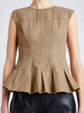 Proenza Schouler detail image of model wearing Felix Top in Tech Cotton in dark birch