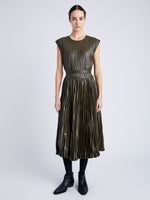 Proenza Schouler Front full length image of model wearing Rosalyn Pleated Skirt in Lightweight Faux Leather in DARK FERN