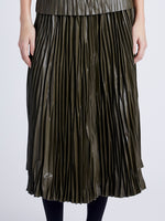 Proenza Schouler Detail image of model wearing Rosalyn Pleated Skirt in Lightweight Faux Leather in DARK FERN