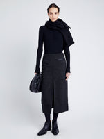 Proenza Schouler Front full length image of model wearing Kingsley Skirt in Soft Twill Coating in BLACK/GREY