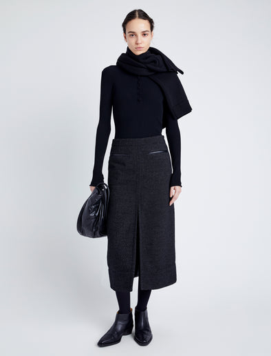 Proenza Schouler Front full length image of model wearing Kingsley Skirt in Soft Twill Coating in BLACK/GREY