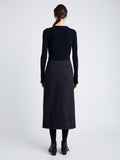 Proenza Schouler Back full length image of model wearing Kingsley Skirt in Soft Twill Coating in BLACK/GREY