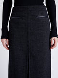 Proenza Schouler Detail image of model wearing Kingsley Skirt in Soft Twill Coating in BLACK/GREY